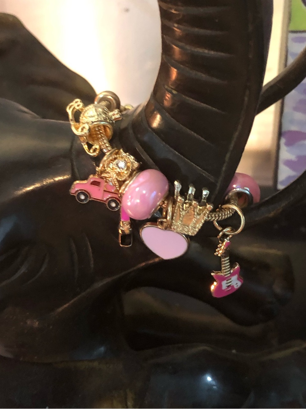 Gold-Tone Charm Bracelet with Pink Guitar and Car Enamel Accents